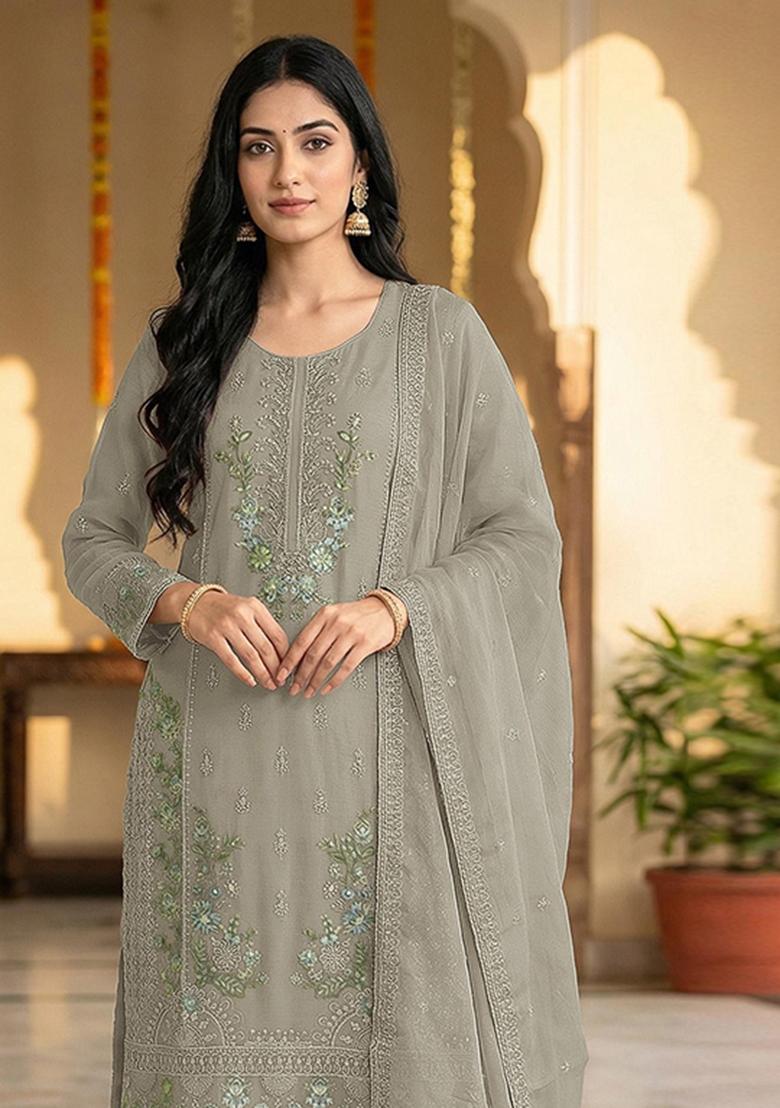 Grey Embroidered Chiffon Kurta Set - Indya
