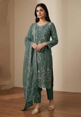 Dark Green Embroidered Organza Kurta Set