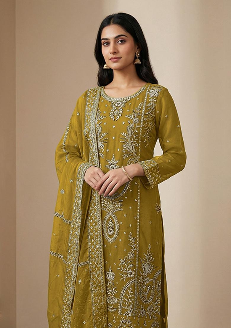 Mustard Embroidered Organza Kurta Set - Indya