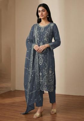 Grey Embroidered Organza Kurta Set