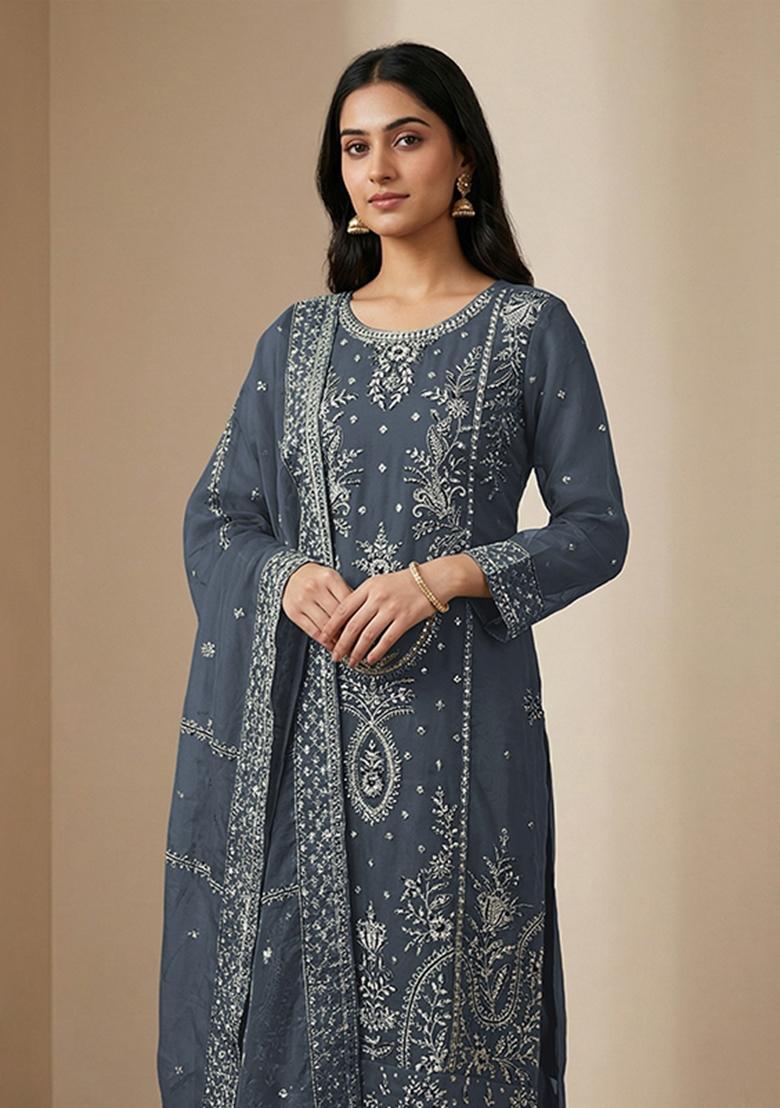 Grey Embroidered Organza Kurta Set - Indya