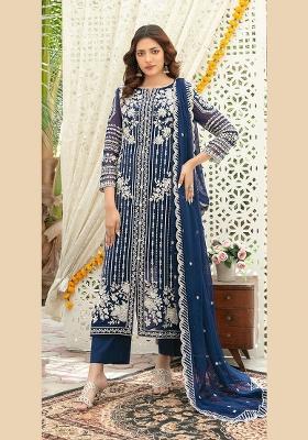 Navy Blue Embroidered Chiffon Kurta Set