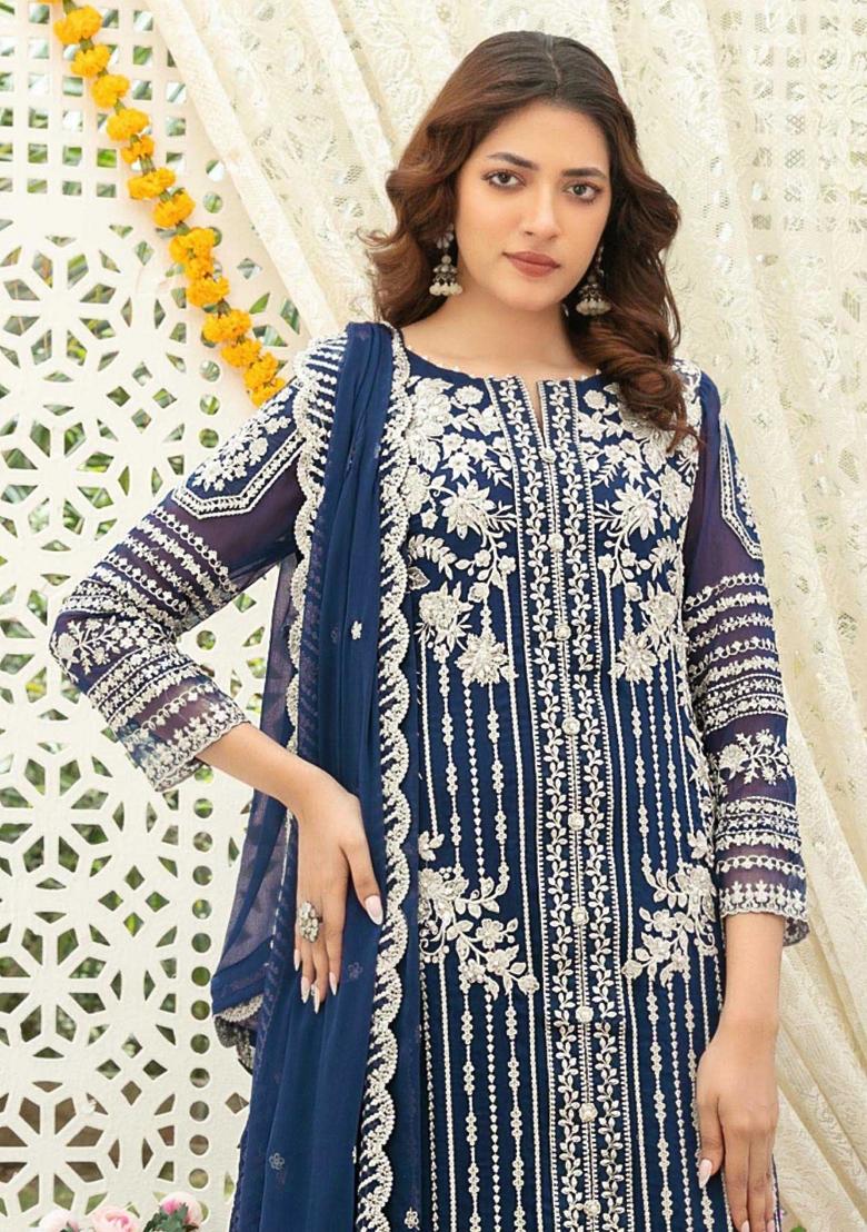 Navy Blue Embroidered Chiffon Kurta Set - Indya