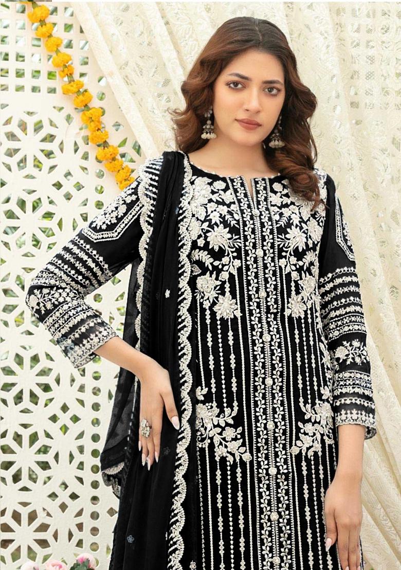 Black Embroidered Chiffon Kurta Set - Indya