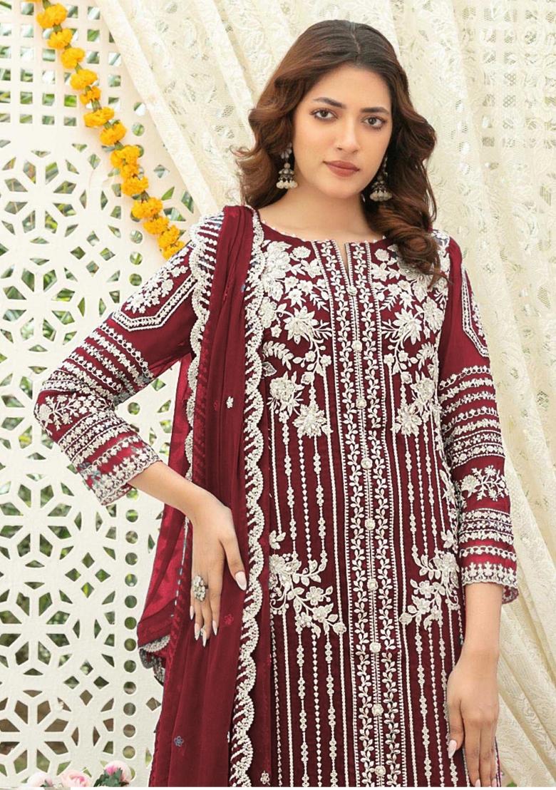 Maroon Embroidered Chiffon Kurta Set - Indya
