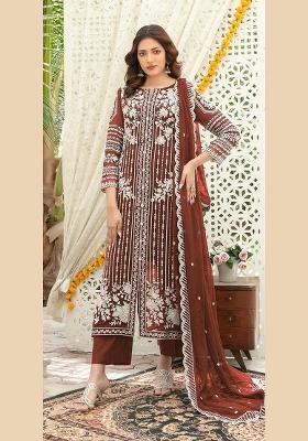 Brown Embroidered Chiffon Kurta Set