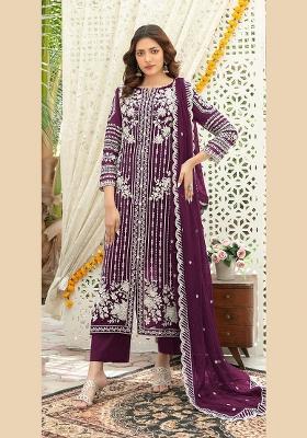 Purple Embroidered Chiffon Kurta Set