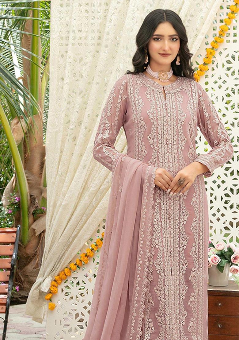 Peach Embroidered Chiffon Kurta Set - Indya