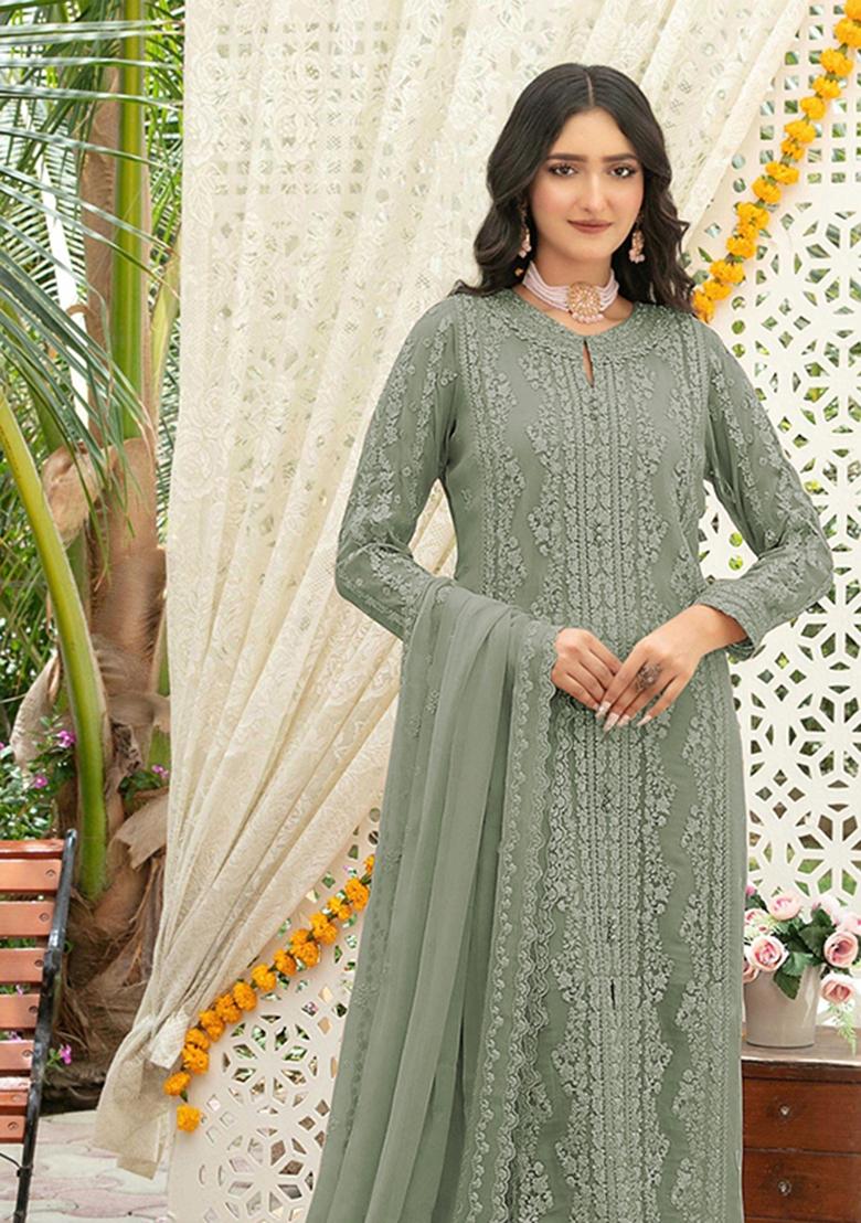 Green Embroidered Chiffon Kurta Set - Indya