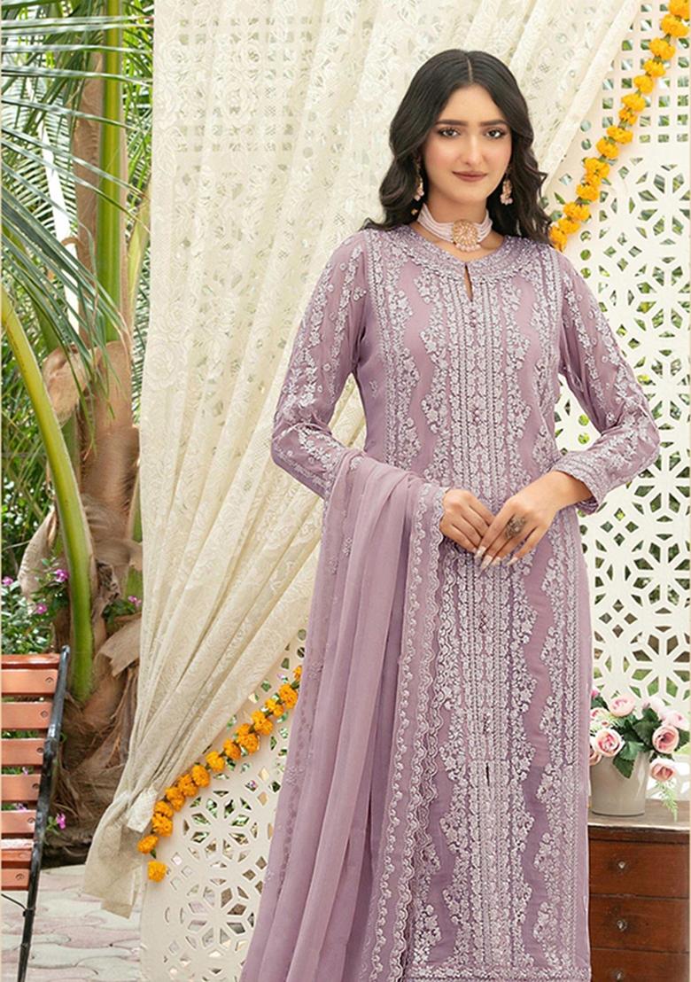 Lavender Embroidered Chiffon Kurta Set - Indya