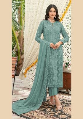 Aqua Blue Embroidered Chiffon Kurta Set