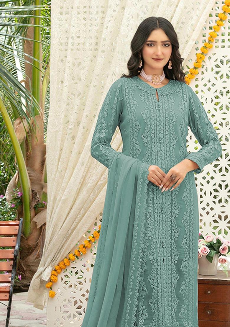 Aqua Blue Embroidered Chiffon Kurta Set - Indya
