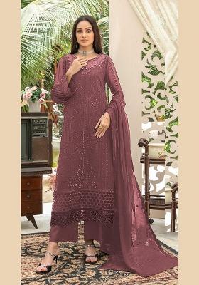 Dark Peach Embroidered Chiffon Kurta Set