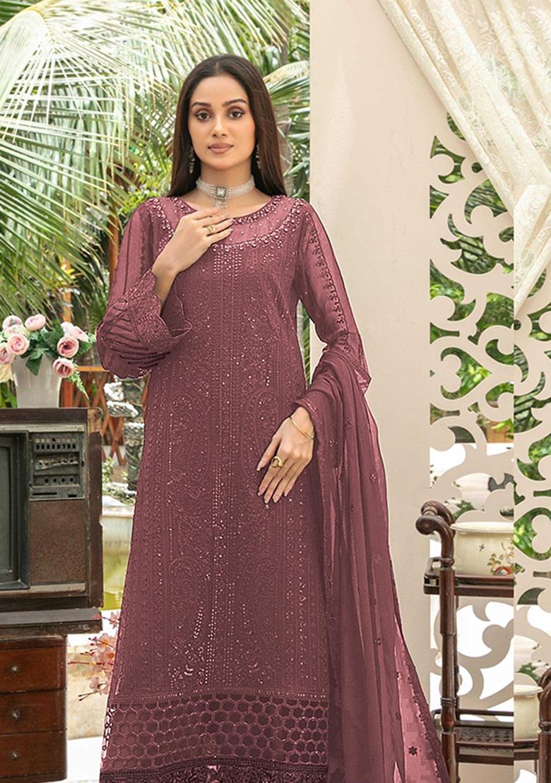 Dark Peach Embroidered Chiffon Kurta Set - Indya