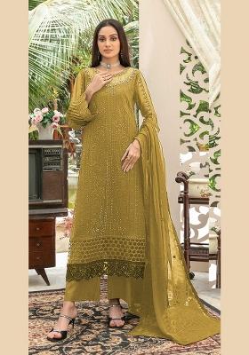 Mustard Embroidered Chiffon Kurta Set