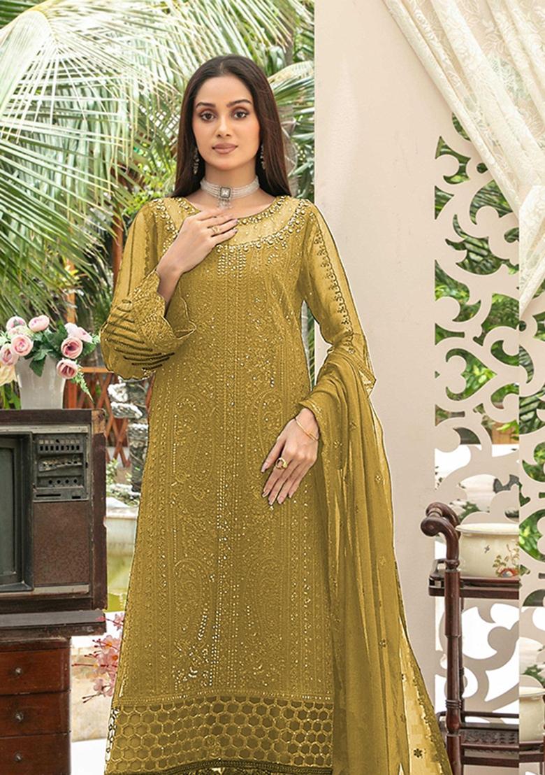 Mustard Embroidered Chiffon Kurta Set - Indya