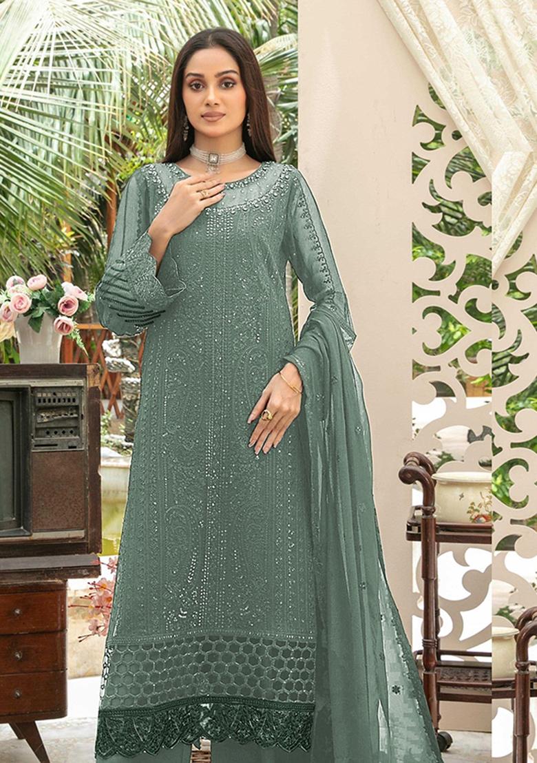 Sea Green Embroidered Chiffon Kurta Set - Indya