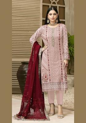 Pink Embroidered Chiffon Kurta Set