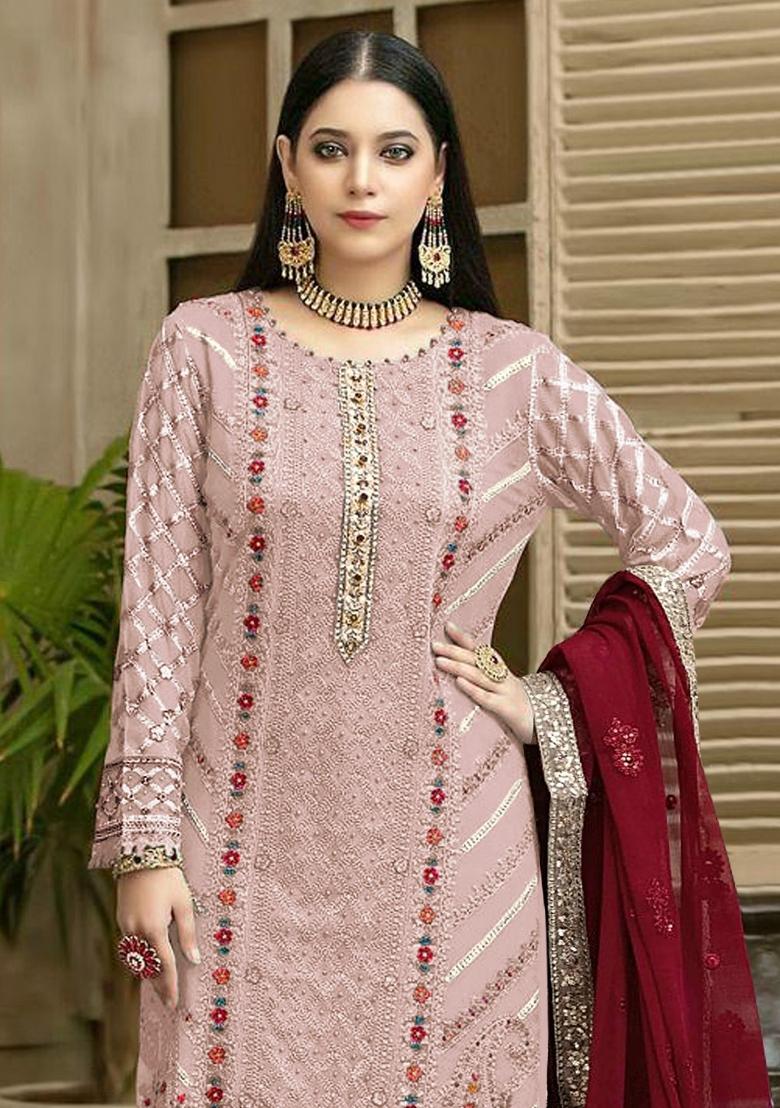 Pink Embroidered Chiffon Kurta Set - Indya