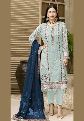 Blue Embroidered Chiffon Kurta Set