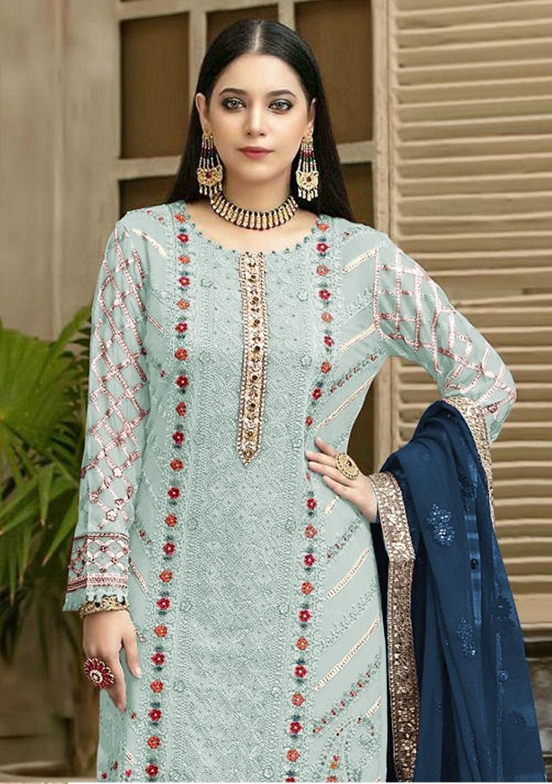 Blue Embroidered Chiffon Kurta Set - Indya