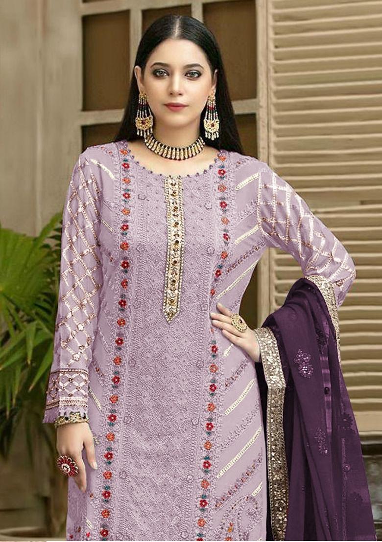 Lavender Embroidered Chiffon Kurta Set - Indya