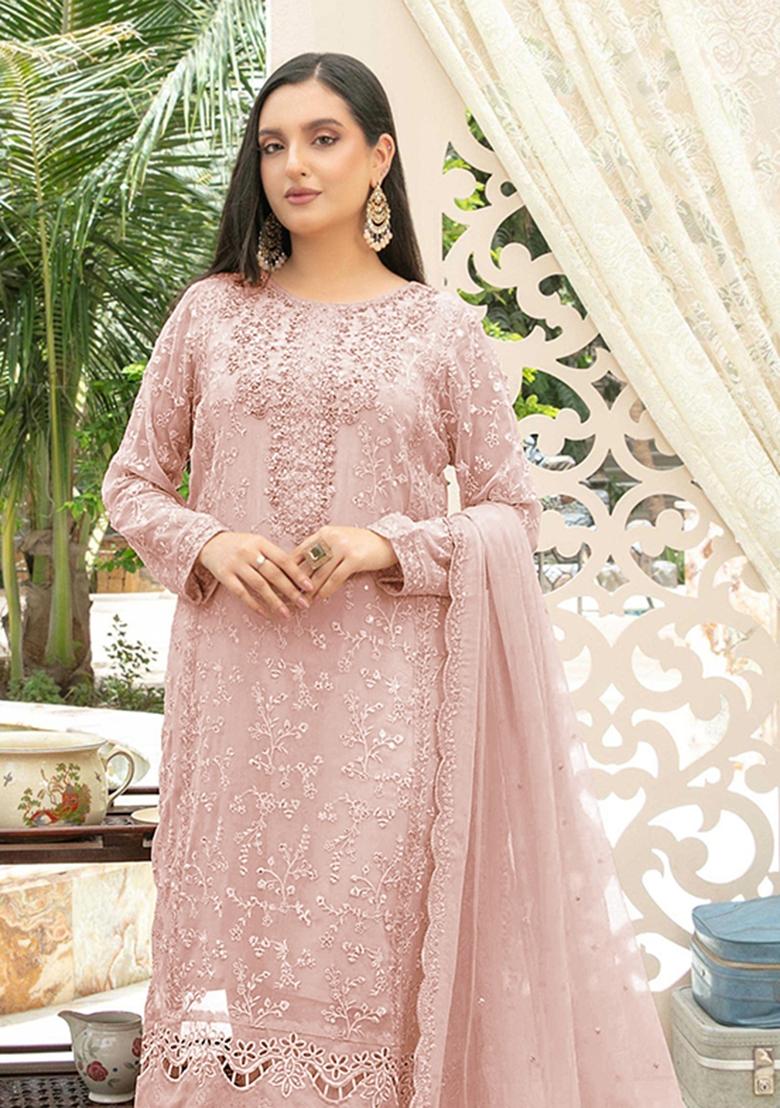 Pink Embroidered Chiffon Kurta Set - Indya
