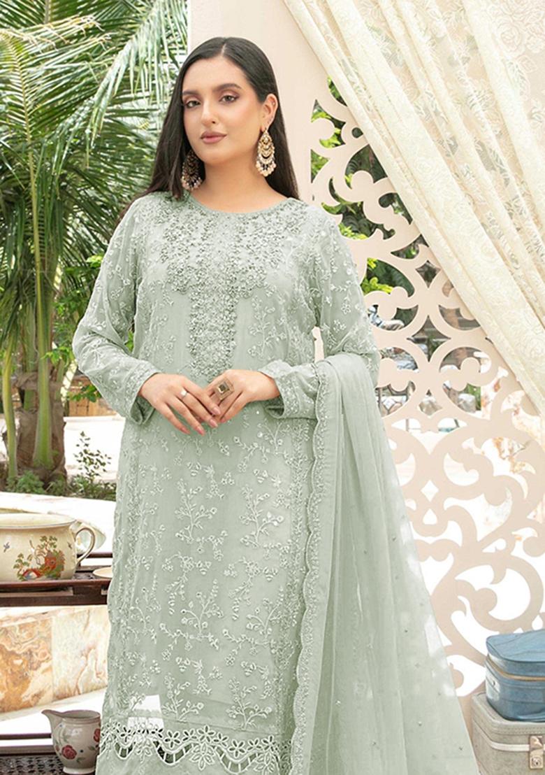 Sea Green Embroidered Chiffon Kurta Set - Indya