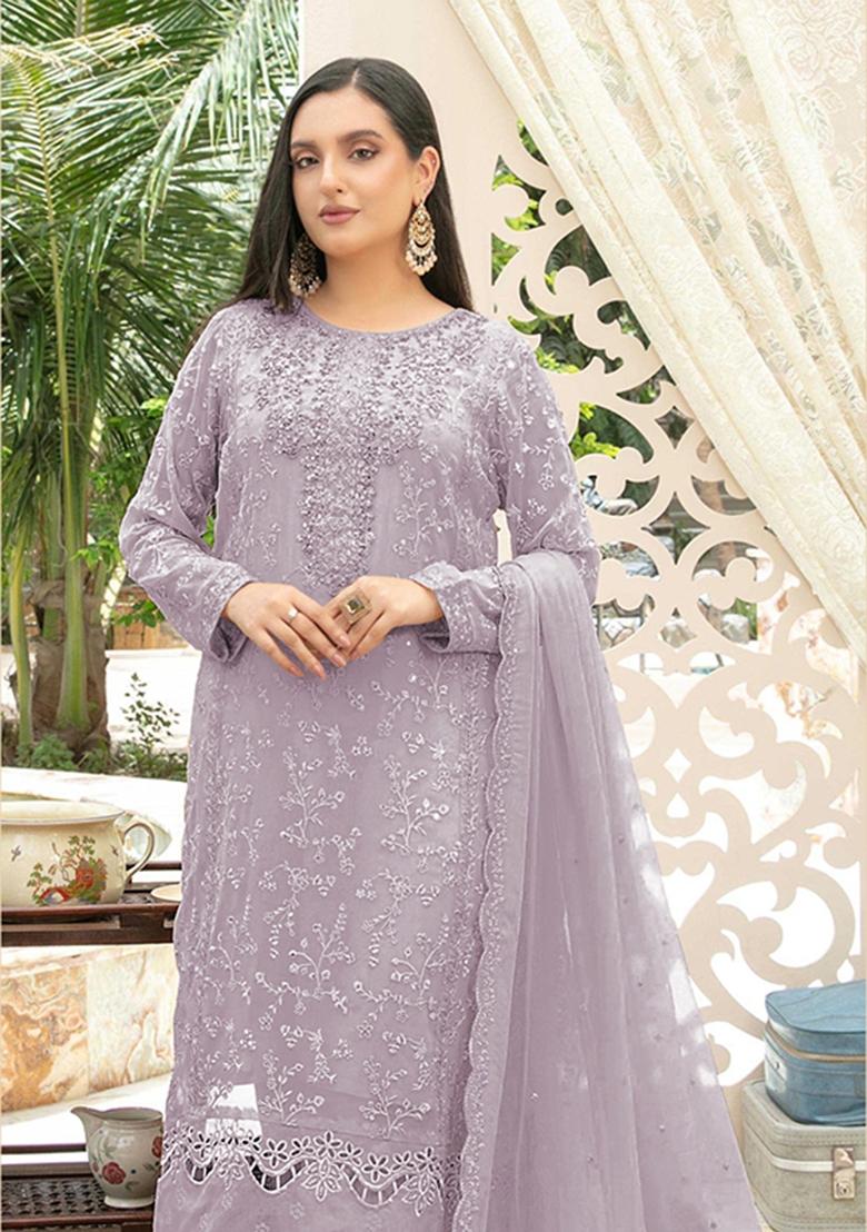 Lavender Embroidered Chiffon Kurta Set - Indya