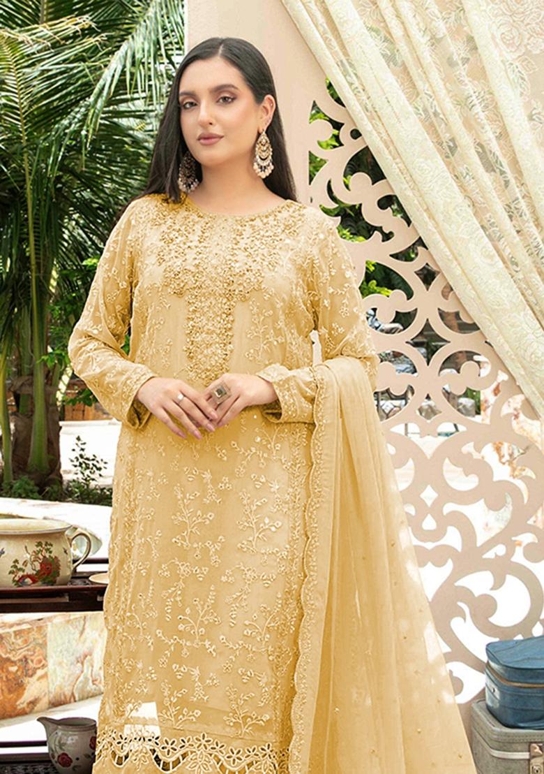 Yellow Embroidered Chiffon Kurta Set - Indya