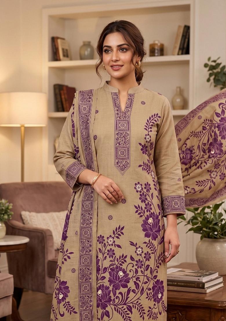 Chiku Jamdani Cotton Kurta Set - Indya