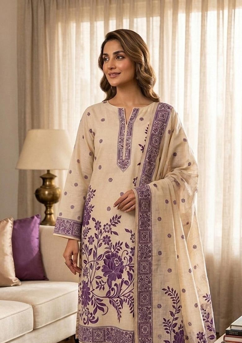 Cream Jamdani Cotton Kurta Set - Indya