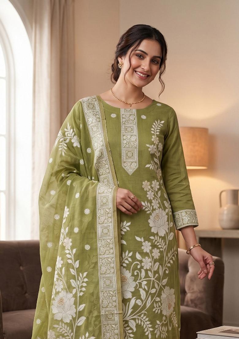 Green Jamdani Cotton Kurta Set - Indya