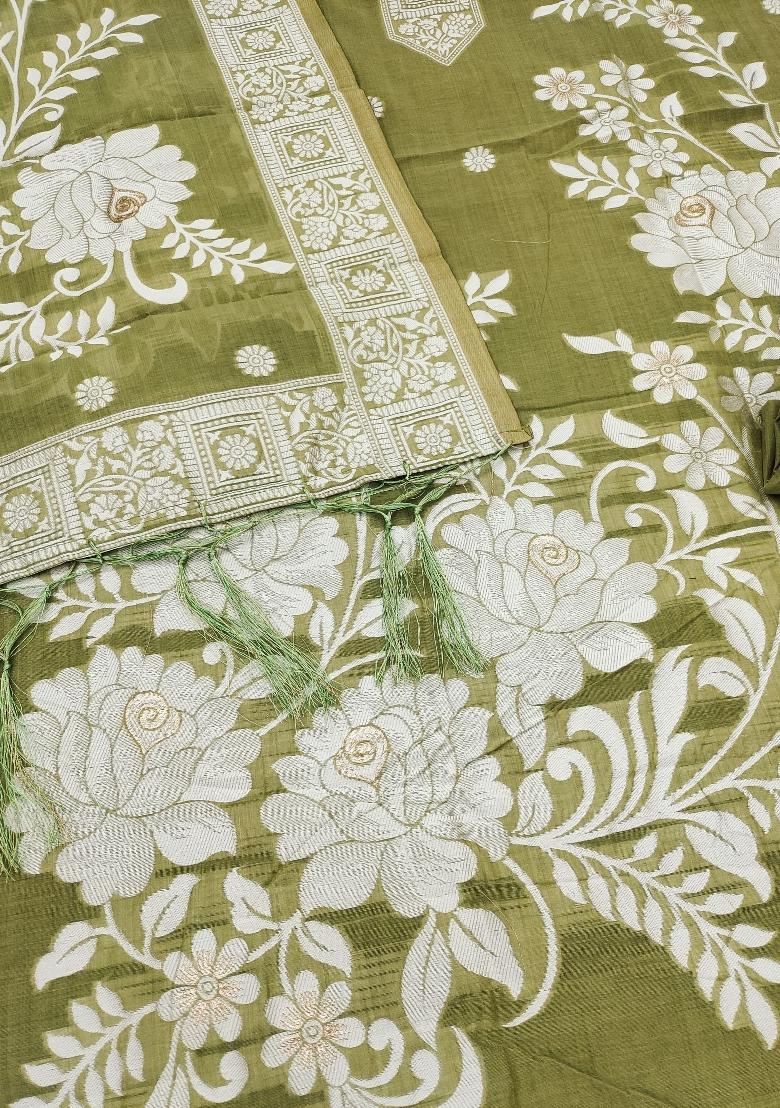 Green Jamdani Cotton Kurta Set - Indya