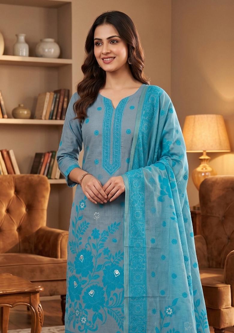 Grey Jamdani Cotton Kurta Set - Indya