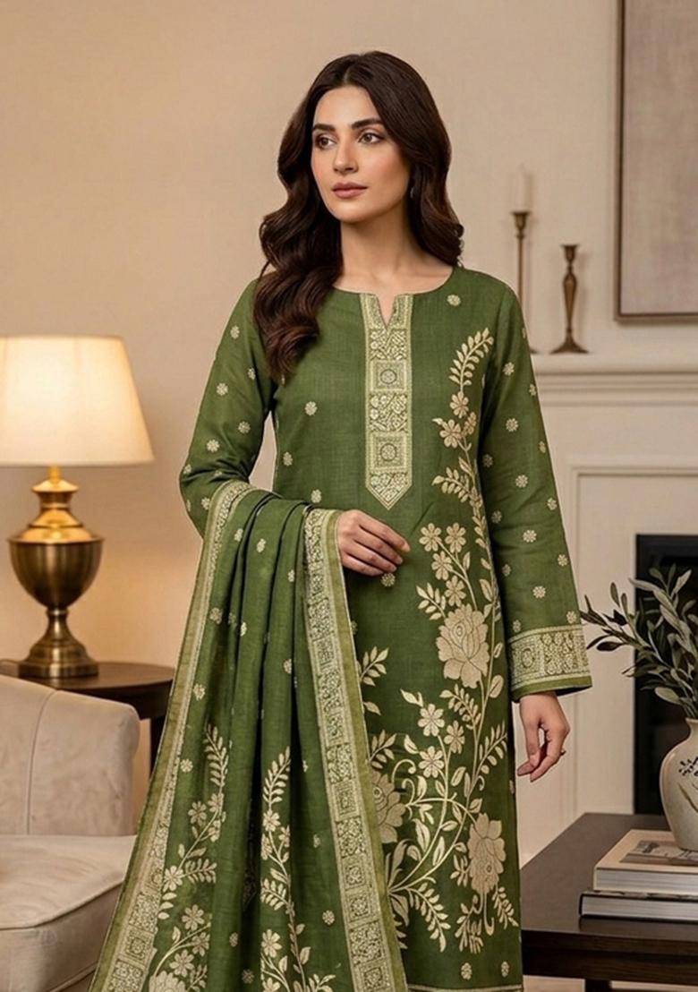 Mehendi Jamdani Cotton Kurta Set - Indya