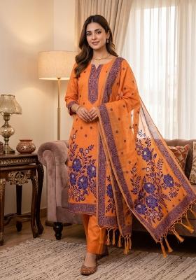 Orange Jamdani Cotton Kurta Set