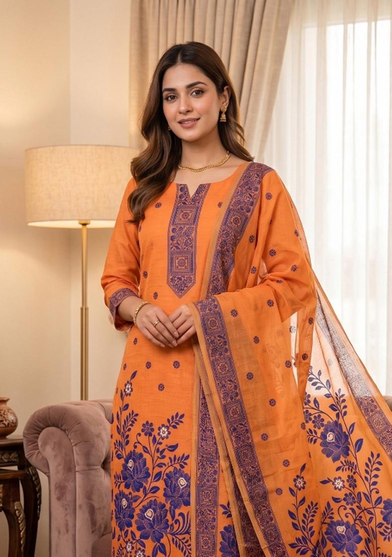 Orange Jamdani Cotton Kurta Set - Indya