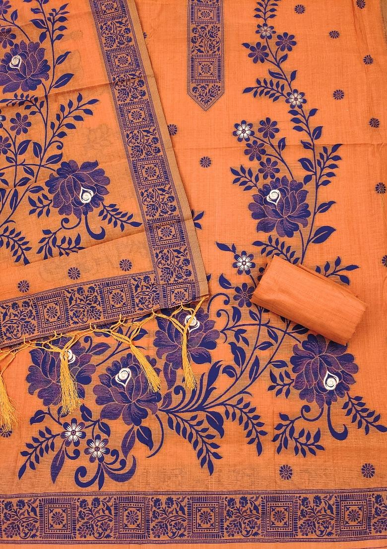Orange Jamdani Cotton Kurta Set - Indya