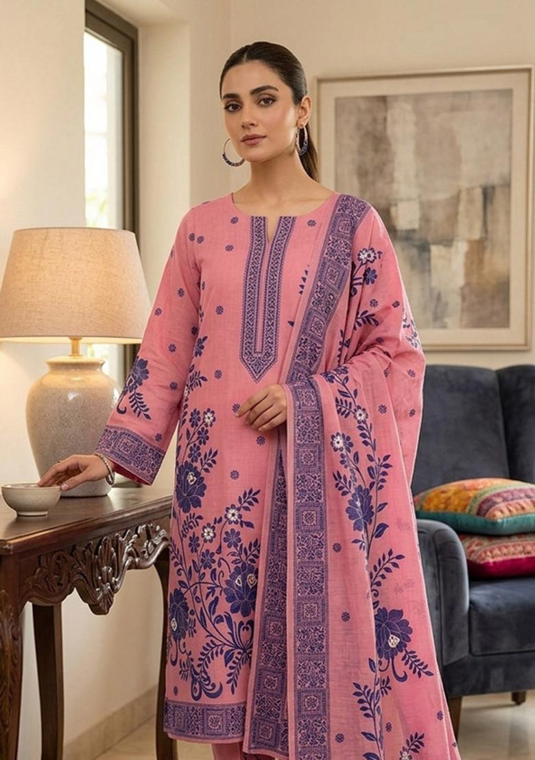 Pink Jamdani Cotton Kurta Set - Indya