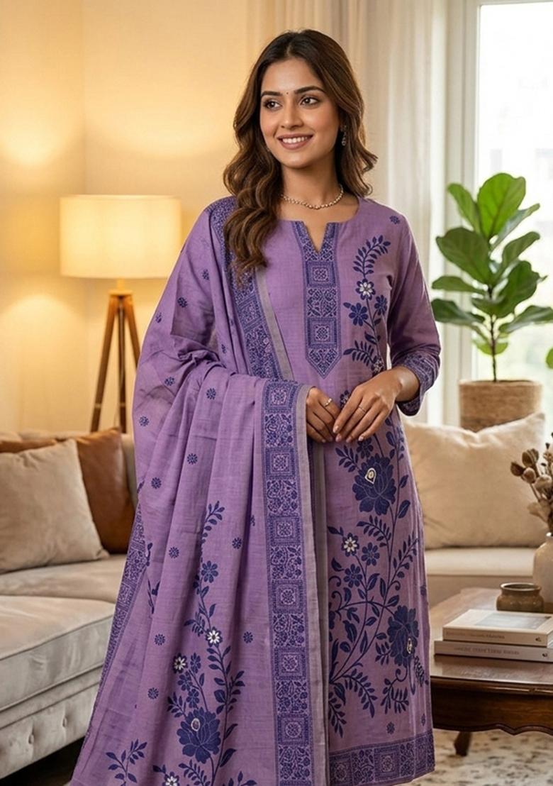 Purple Jamdani Cotton Kurta Set - Indya