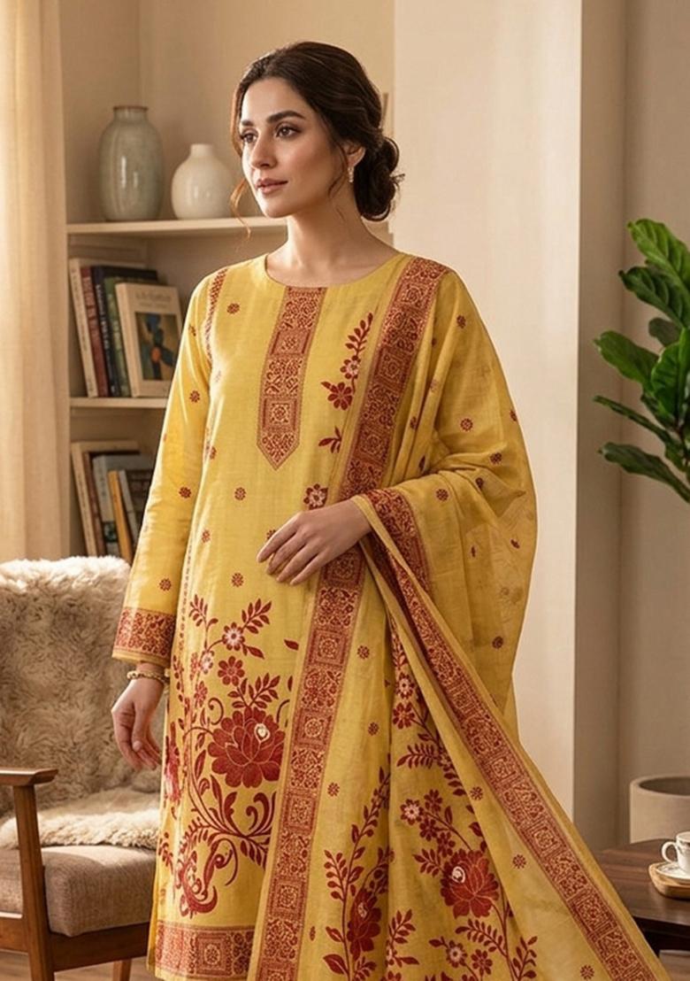 Yellow Jamdani Cotton Kurta Set - Indya