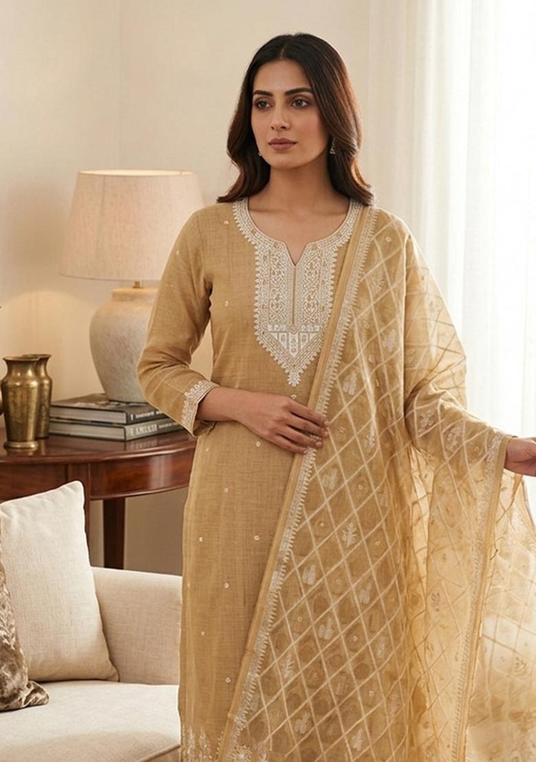Cream Jamdani Cotton Kurta Set - Indya