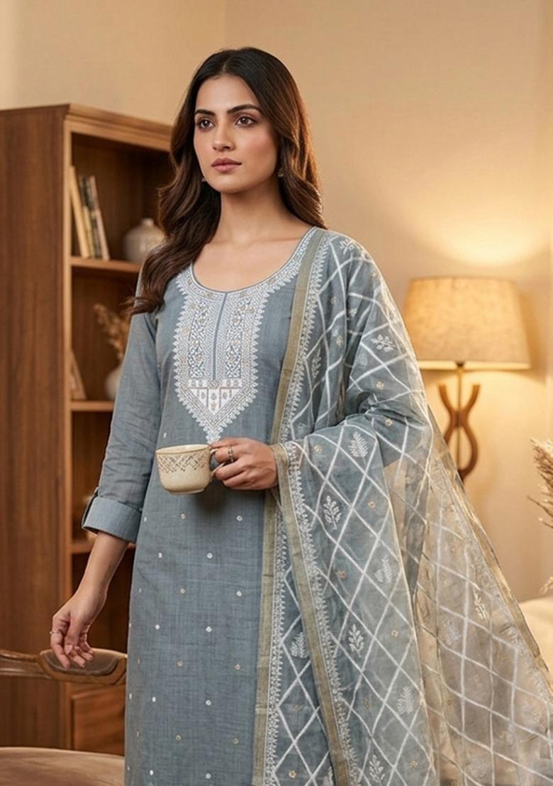 Grey Jamdani Cotton Kurta Set - Indya