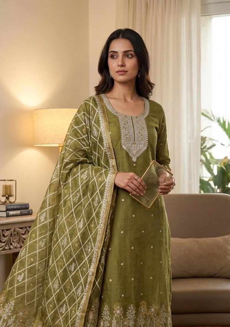 Mehendi Jamdani Cotton Kurta Set - Indya