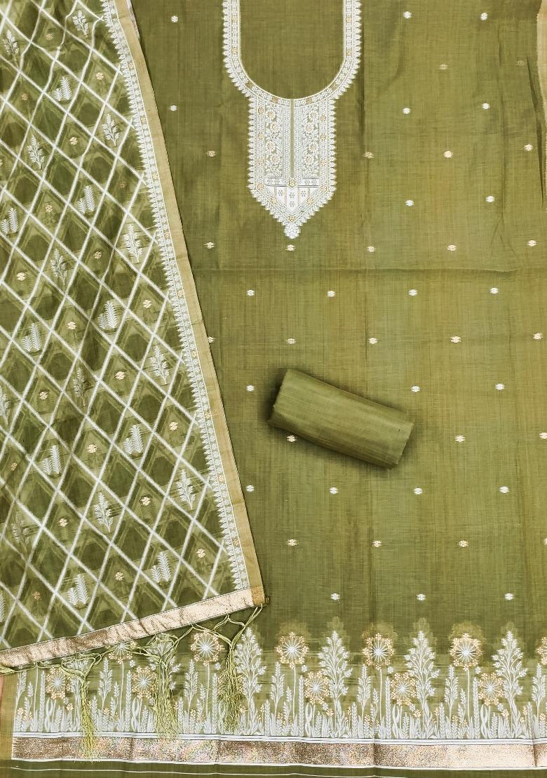 Mehendi Jamdani Cotton Kurta Set - Indya