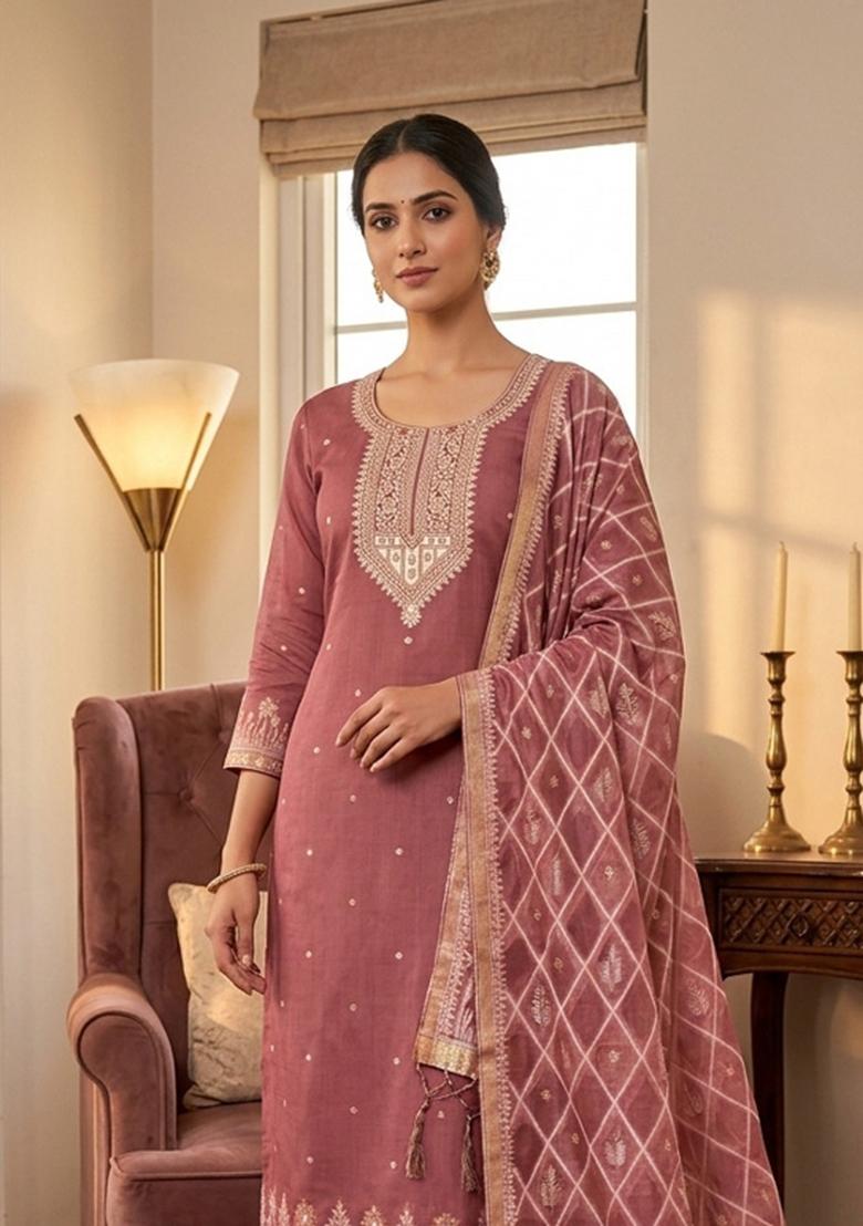 Pink Jamdani Cotton Kurta Set - Indya