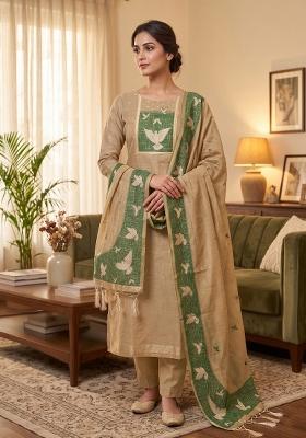 Chiku Jamdani Cotton Kurta Set