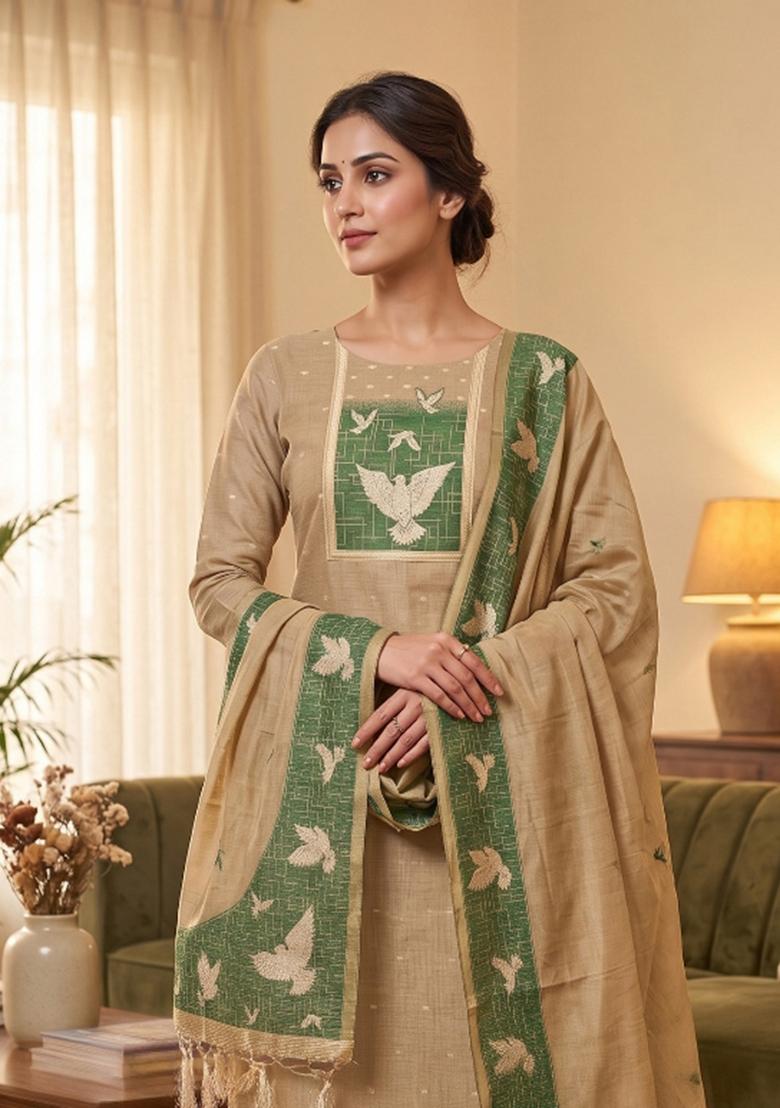 Chiku Jamdani Cotton Kurta Set - Indya