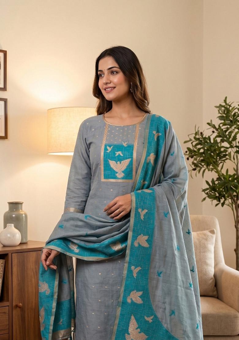 Grey Jamdani Cotton Kurta Set - Indya